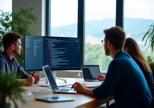 Softwareentwickler arbeiten kollaborativ an Code in einem modernen Büro in Wien